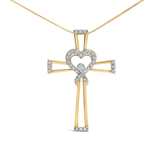 Bids.com 14K Yellow Gold Plated .925 Sterling Silver 1/6 Cttw Diamond Interlocking Heart and Ribbon Cross Pendant Necklace (H-I Color, I2-I3 Clarity) - 18" Inches Necklaces White Smoke Yellow.Sterling Silver / 18
