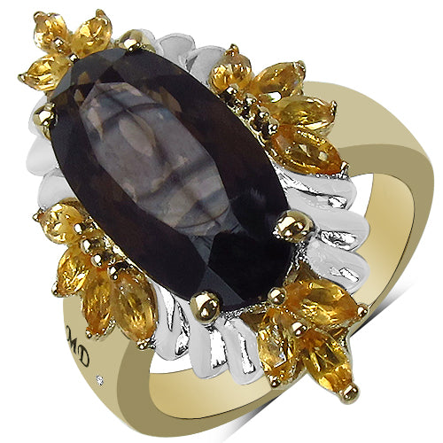 Bids.com 14K Yellow Gold Plated 7.07 Carat Genuine Smoky Quartz, Citrine & White Diamond .925 Sterling Silver Ring Rings White Smoke size 8.00,size 6.00,size 7.00,size 9.00