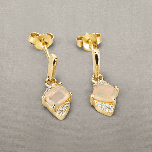 Bids.com 0.57 Carat Genuine Ethiopian Opal and White Diamond 14K Yellow Gold Earrings Earrings Dark Gray