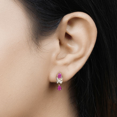 Bids.com 1.12 Carat Genuine Ruby and White Diamond 14K Yellow Gold Earrings Earrings Black