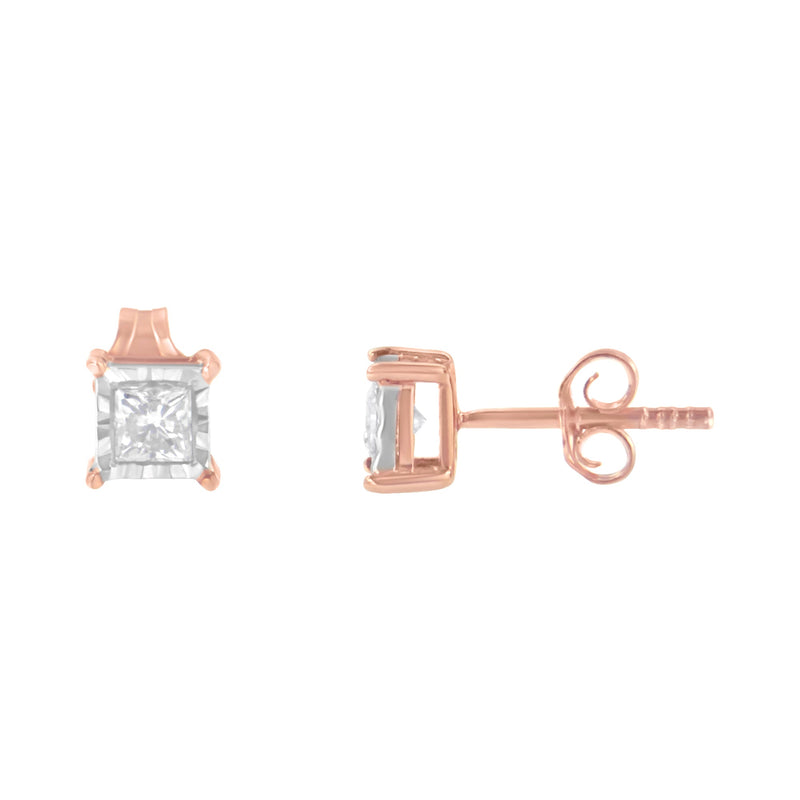 Bids.com 14K Rose Gold Plated Two-Tone .925 Sterling Silver 1/2 Cttw Princess-Cut Square Near Colorless Diamond Solitaire Miracle-Plate Stud Earrings (J-K Color, I2-I3 Clarity) Earrings White Smoke WhiteRose.Sterling Silver / 0.5