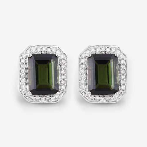 Bids.com 3.57 Carat Genuine Green Tourmaline and White Diamond 14K White Gold Earrings Earrings Gray
