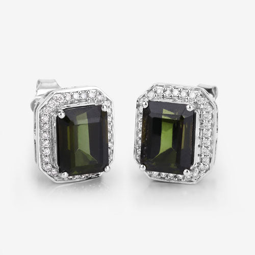 Bids.com 3.57 Carat Genuine Green Tourmaline and White Diamond 14K White Gold Earrings Earrings Light Gray