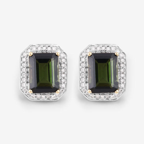 Bids.com 3.57 Carat Genuine Green Tourmaline and White Diamond 14K Yellow Gold Earrings Earrings Gray