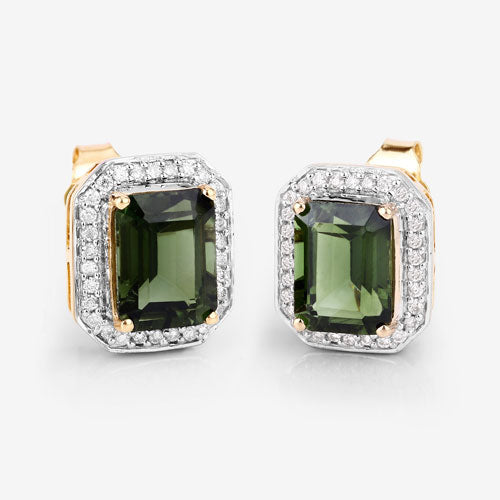 Bids.com 3.57 Carat Genuine Green Tourmaline and White Diamond 14K Yellow Gold Earrings Earrings White Smoke
