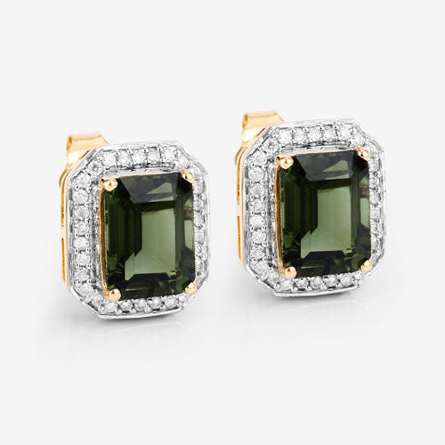Bids.com 3.57 Carat Genuine Green Tourmaline and White Diamond 14K Yellow Gold Earrings Earrings White Smoke