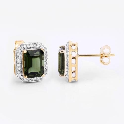 Bids.com 3.57 Carat Genuine Green Tourmaline and White Diamond 14K Yellow Gold Earrings Earrings White Smoke