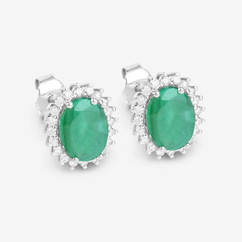 Bids.com 2.66 Carat Genuine Zambian Emerald and White Diamond 10K White Gold Earrings Earrings White Smoke