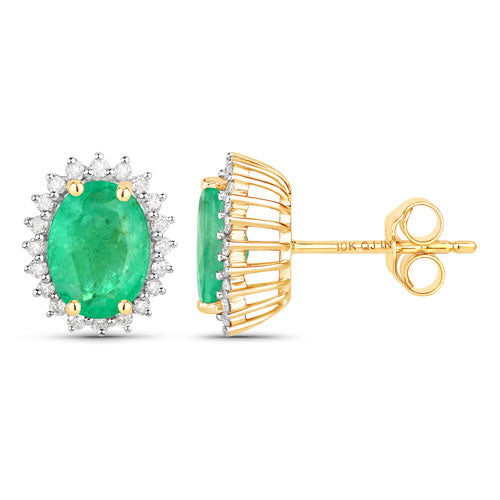 Bids.com 2.66 Carat Genuine Zambian Emerald and White Diamond 10K Yellow Gold Earrings Earrings White Smoke