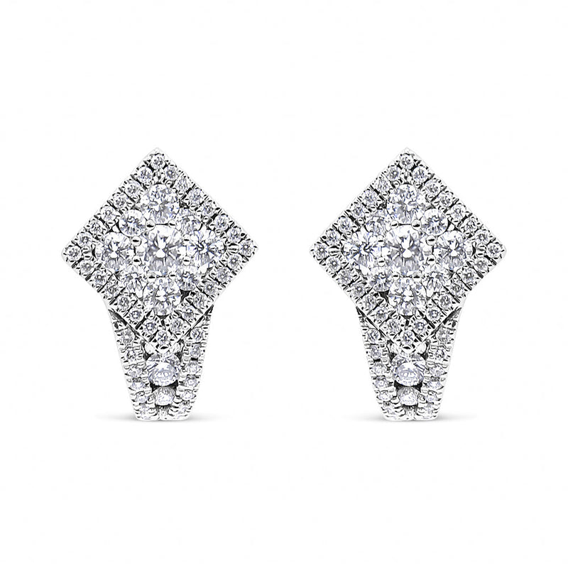 Bids.com 18K White Gold 1 1/10 Cttw Round Diamond Cluster with Halo Hoop Huggie Earring (F-G Color, VS1-VS2 Clarity) Earrings White Smoke White.Gold / 1.12