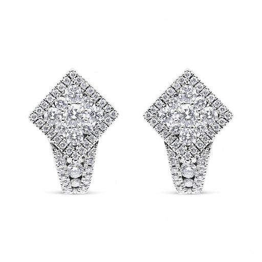 Bids.com 18K White Gold 1 1/10 Cttw Round Diamond Cluster with Halo Hoop Huggie Earring (F-G Color, VS1-VS2 Clarity) Earrings White Smoke White.Gold / 1.12