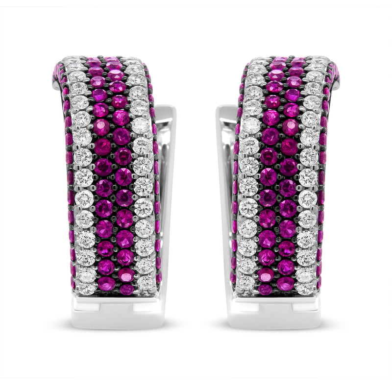 Bids.com 18K White Gold 1 7/8 Cttw Diamond and 1mm Round Red Ruby Open Swish Hoop Earrings (F-G Color, VS1-VS2 Clarity) Earrings White Smoke White.Gold / 1.85