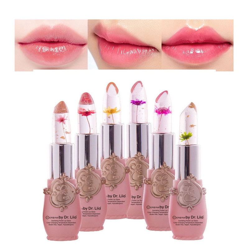 EpiLynx Color-Changing Flower Lip Gloss – Vegan, Gluten-Free, Hydrating Lip Balm Rosy Brown pink flower #1,rose flower #2,red flower #3,yellow flower #4,green flower #5,purple flower #6