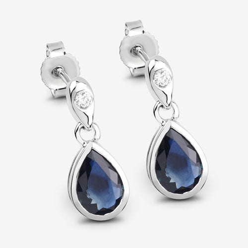 Bids.com 1.65 Carat Genuine Blue Sapphire and White Diamond 10K White Gold Earrings Earrings White Smoke