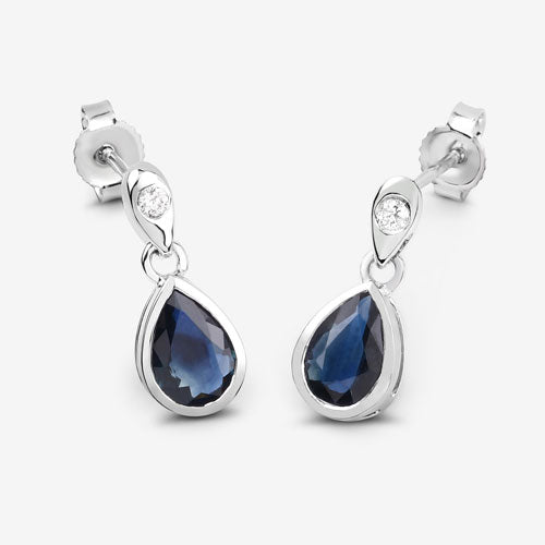 Bids.com 1.65 Carat Genuine Blue Sapphire and White Diamond 10K White Gold Earrings Earrings White Smoke