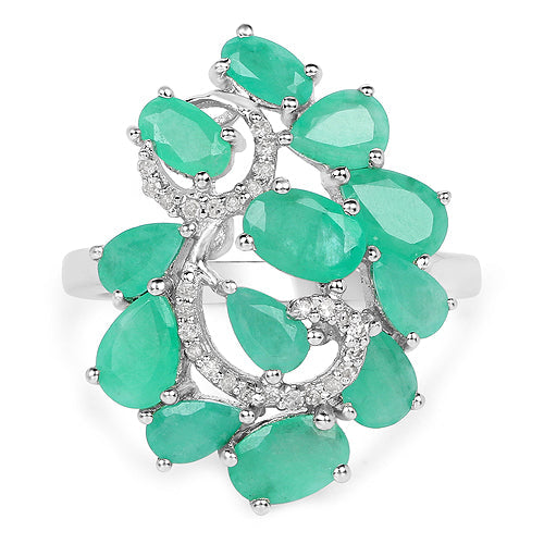 Bids.com 3.57 Carat Genuine Emerald and White Diamond .925 Sterling Silver Ring Rings White Smoke size 6.00,size 7.00,size 8.00