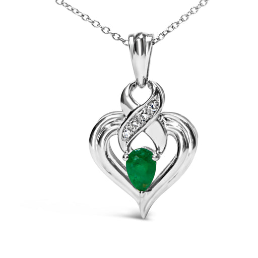 Bids.com .925 Sterling Silver 6x4mm Pear Emerald and Diamond Accent Heart Pendant Necklace (H-I Color, SI1-SI2 Clarity) - 18 Inches Necklaces White Smoke White.Sterling Silver / 18