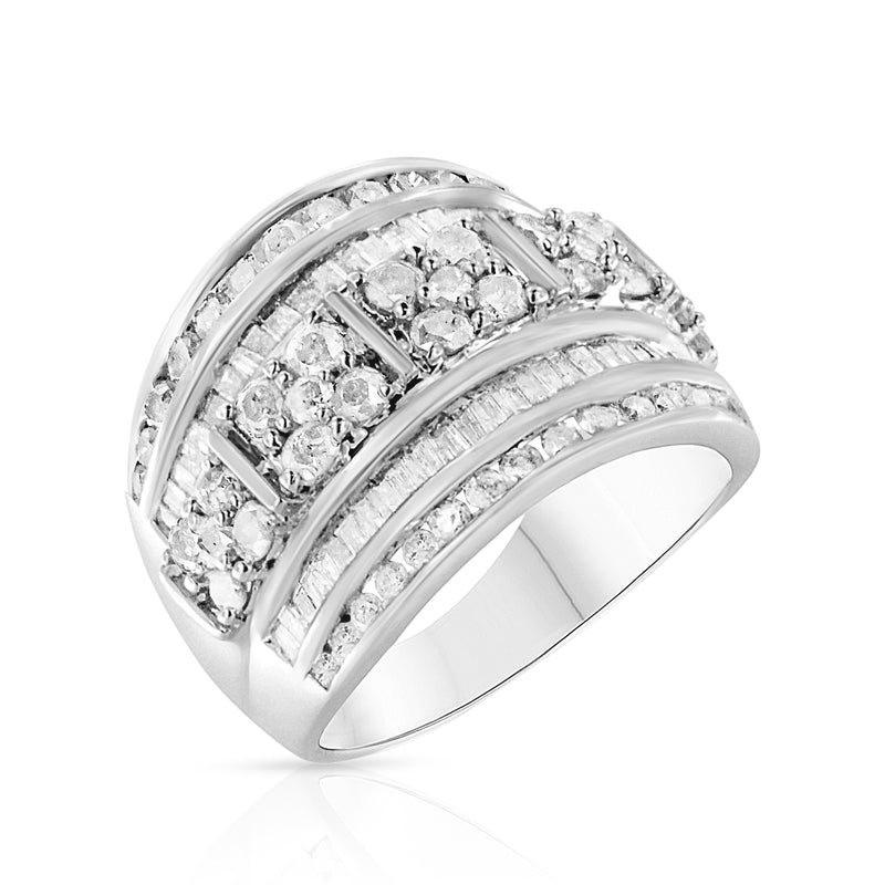 Bids.com .925 Sterling Silver 2.0 Cttw Round & Baguette Cut Diamond Multi-Row Channel Set Tapered Cocktail Fashion Ring (I-J Color, I3 Clarity) - Size 7 Rings White Smoke 7 / White.Sterling Silver,6 / White.Sterling Silver,8 / White.Sterling Silver,9 / White.Sterling Silver,6 / Yellow.Sterling Silver,7 / Yellow.Sterling Silver,8 / Yellow.Sterling Silver