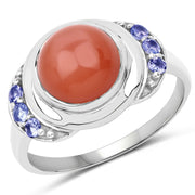Bids.com 3.01 Carat Genuine Peach Moonstone and Tanzanite .925 Sterling Silver Ring Rings White Smoke size 7.00,size 9.00,size 6.00,size 8.00