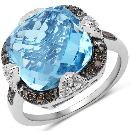 Bids.com 8.29 Carat Genuine Swiss Blue Topaz, Champagne Diamond and White Diamond .925 Sterling Silver Ring Rings White Smoke size 6.00,size 7.00,size 8.00,size 9.00,size 5.00