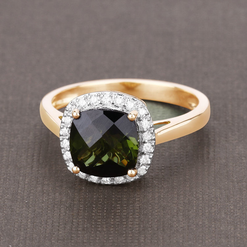 Bids.com 2.64 Carat Genuine Green Tourmaline and White Diamond 14K Yellow Gold Ring Rings Dim Gray size 6.00,size 7.00,size 8.00,size 9.00