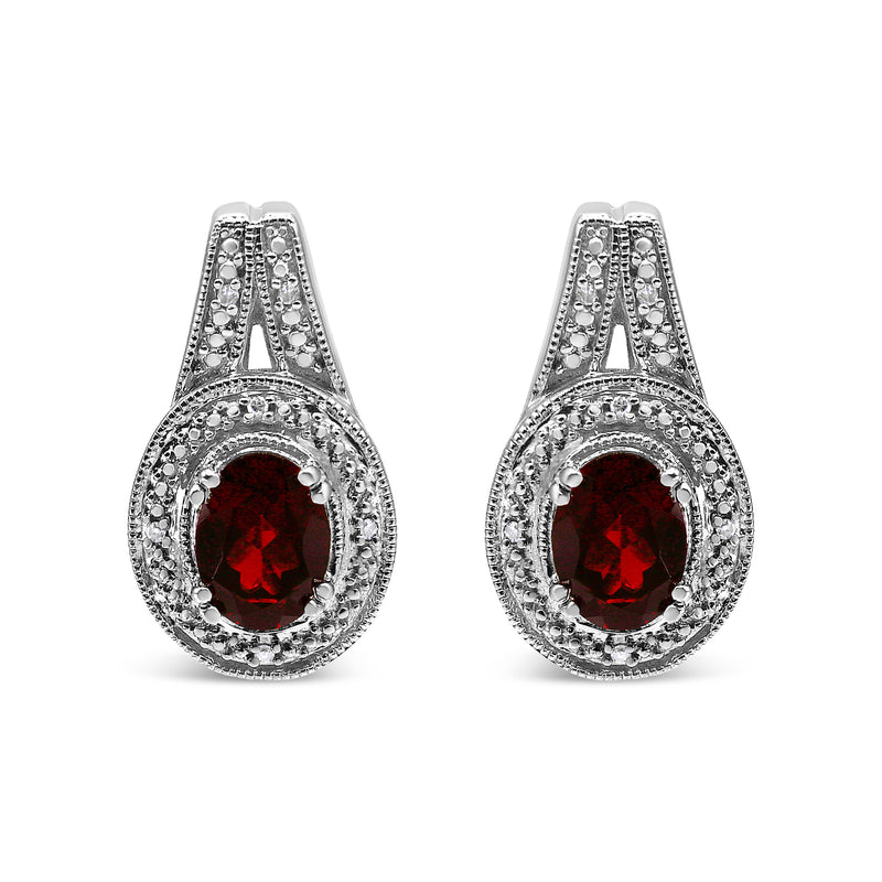 Bids.com .925 Sterling Silver Diamond Accent and 8x6mm Red Oval Garnet Stud Earrings (I-J Color, I1-I2 Clarity) Earrings White Smoke White.Sterling Silver / 0.048