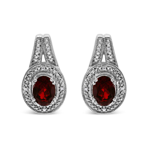 Bids.com .925 Sterling Silver Diamond Accent and 8x6mm Red Oval Garnet Stud Earrings (I-J Color, I1-I2 Clarity) Earrings White Smoke White.Sterling Silver / 0.048