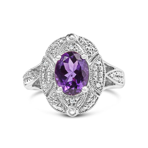 Bids.com .925 Sterling Silver 9x7mm Oval Purple Amethyst and Diamond Accent Art Deco Style Cocktail Ring (I-J Color, I1-I2 Clarity) - Size 6 Rings White Smoke 6 / White.Sterling Silver,7 / White.Sterling Silver,5 / White.Sterling Silver