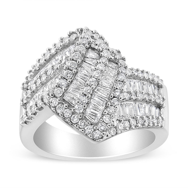 Bids.com 14K White Gold 1-1/2 Cttw Round and Baguette Diamond Bypass Cocktail Ring Band (H-I Color, SI1-SI2 Clarity) - Size 7 Rings White Smoke 7 / White.Gold