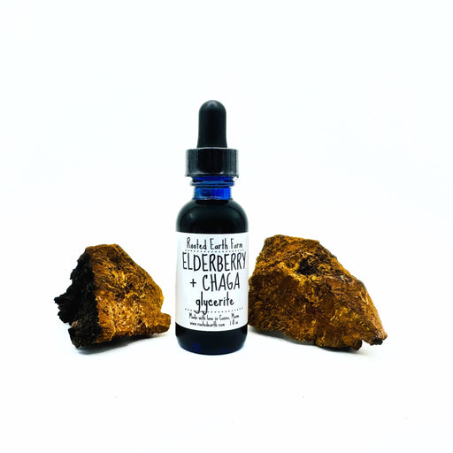 Rooted Earth Farm + Apothecary Elderberry and Chaga Glycerite Tinctures + Capsules White Smoke 1 oz