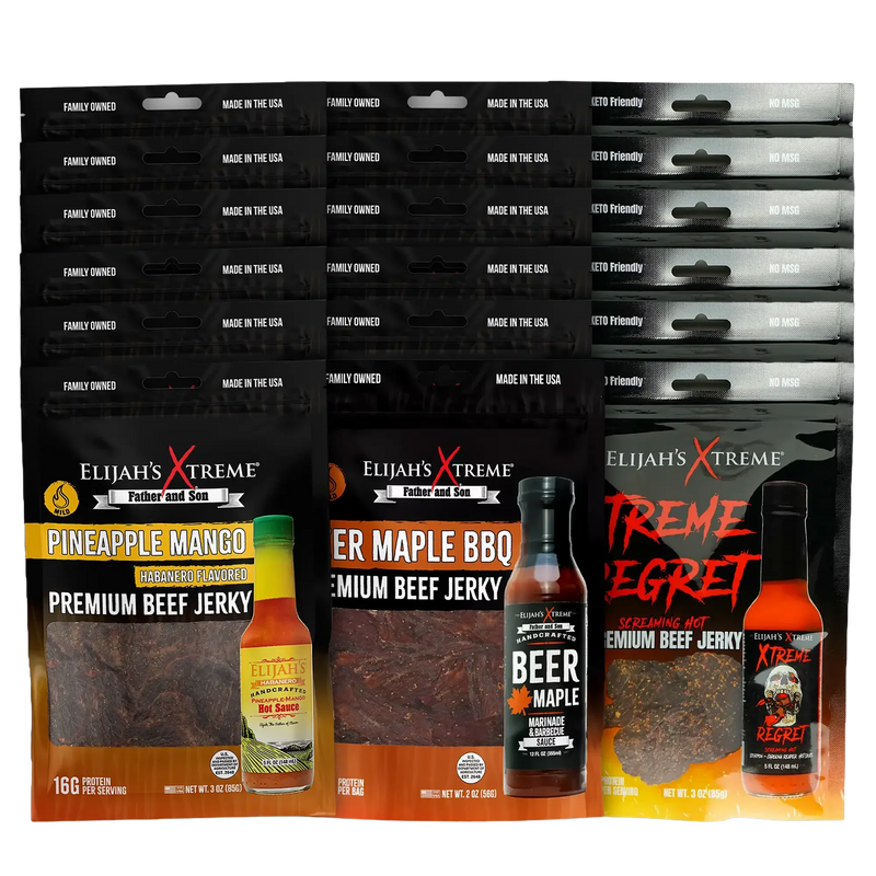 Elijah's Xtreme Elijah’s Xtreme Beef Jerky Bulk Trio - 6 bags of Each Flavor, 18 bags total (3lbs) Beef Jerky Black