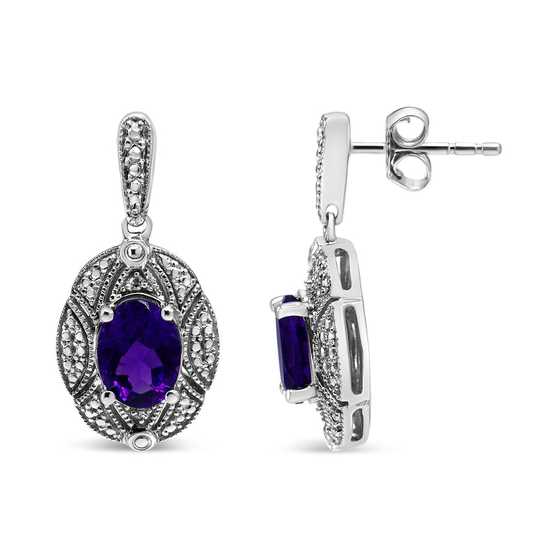 Bids.com .925 Sterling Silver Diamond Accent and 8x6mm Purple Oval Amethyst Stud Earrings (I-J Color, I1-I2 Clarity) Earrings White Smoke White.Sterling Silver / 0.02