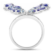 Bids.com 3.60 Carat Genuine Tanzanite and Swiss Blue Topaz .925 Sterling Silver Ring Rings White Smoke size 6.00,size 7.00,size 8.00