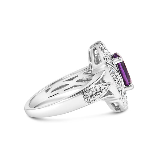 Bids.com .925 Sterling Silver 9x7mm Oval Purple Amethyst and Diamond Accent Art Deco Style Cocktail Ring (I-J Color, I1-I2 Clarity) - Size 6 Rings White Smoke 6 / White.Sterling Silver,7 / White.Sterling Silver,5 / White.Sterling Silver