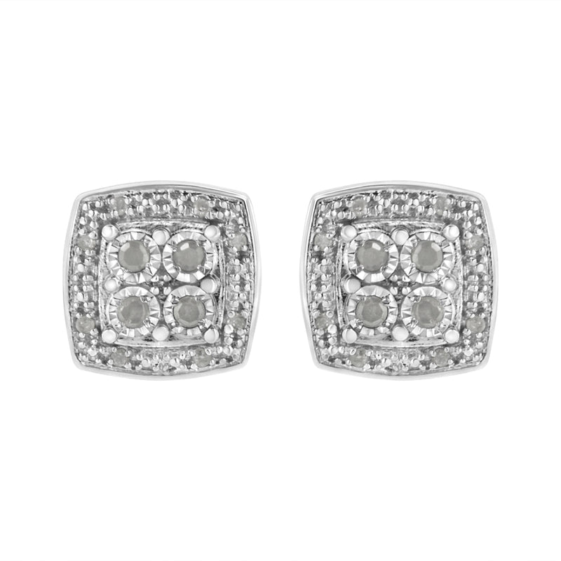 Bids.com .925 Sterling Silver 1/4 cttw Round Cut Diamond Square Shape Milgrain Stud Earrings (I-J Color, I3 Clarity) Earrings Dark Gray White.Sterling Silver / 0.25