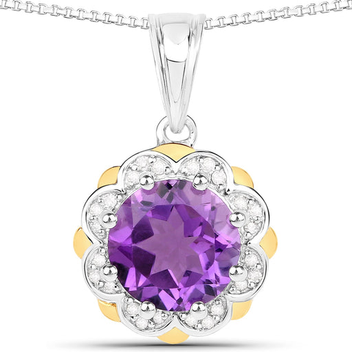 Bids.com 1.87 Carat Genuine Amethyst and White Diamond 14K Yellow Gold with .925 Sterling Silver Pendant Pendants White Smoke