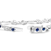 Bids.com 18K White Gold 1 3/4 Cttw Diamond and 3x3mm Round Blue Sapphire Gemstone Floral Link Bracelet (G-H Color, SI1-SI2 Clarity) - Size 7" Bracelets White Smoke White.Gold / 7