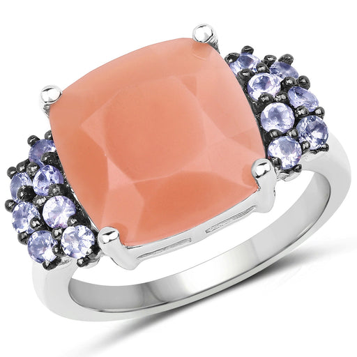 Bids.com 6.18 Carat Genuine Peach Moonstone and Tanzanite .925 Sterling Silver Ring Rings White Smoke size 7.00,size 8.00,size 9.00,size 6.00