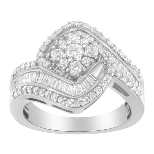 Bids.com 14K White Gold 1 Cttw Baguette and Round Diamond Floral Swirl Cluster Cocktail Ring Rings White Smoke 7 / White.Gold,7.25 / White.Gold,6.75 / White.Gold