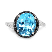 Bids.com 5.48 Carat Genuine Swiss Blue Topaz, Black Diamond and White Diamond .925 Sterling Silver Ring Rings White Smoke size 6.00,size 7.00,size 8.00,size 5.00,size 9.00