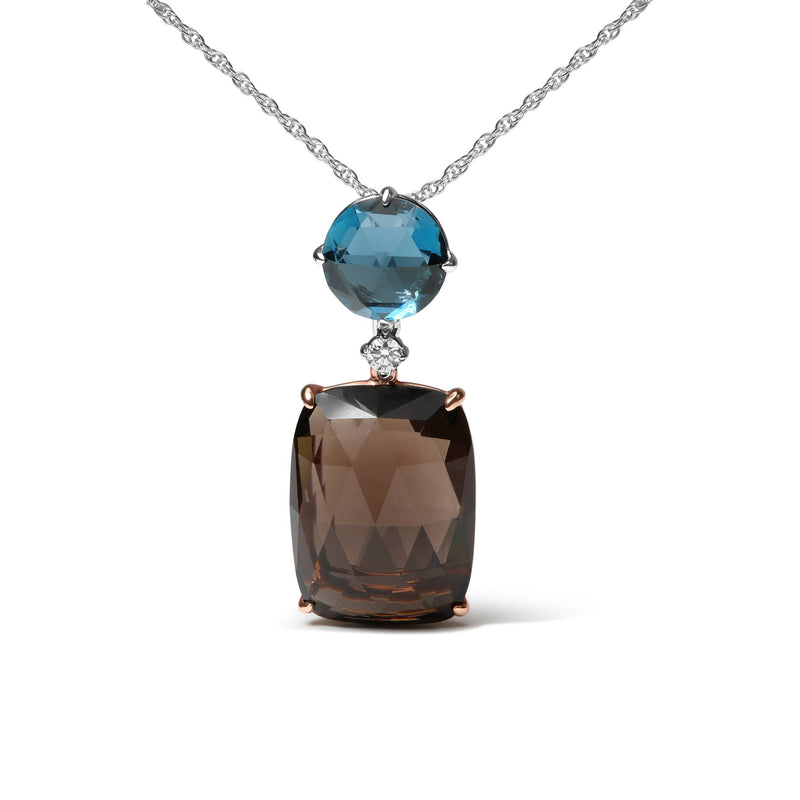 Bids.com 18K Rose and White Gold Diamond Accent and London Blue Topaz and Cushion Cut Smoky Quartz Gemstone Dangle Drop 18" Pendant Necklace (G-H Color, SI1-SI2 Clarity) Necklaces White Smoke WhiteRose.Gold / 18