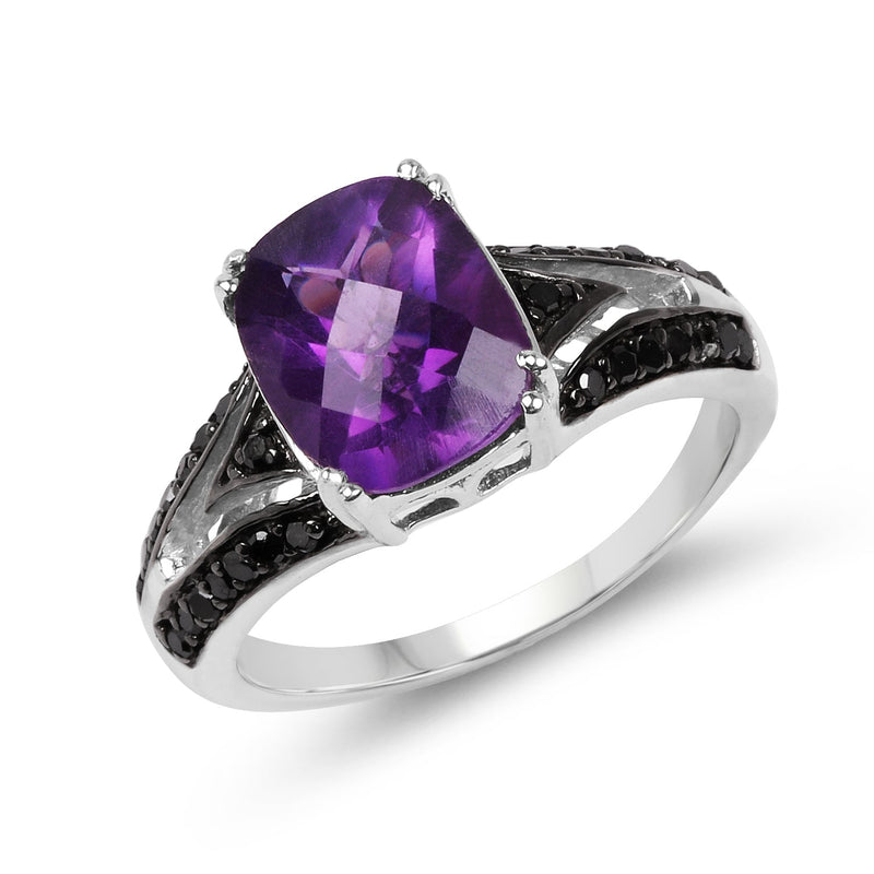 Bids.com 2.87 Carat Genuine Amethyst and Black Diamond .925 Sterling Silver Ring Rings White Smoke size 6.00,size 7.00,size 8.00,size 9.00,size 5.00