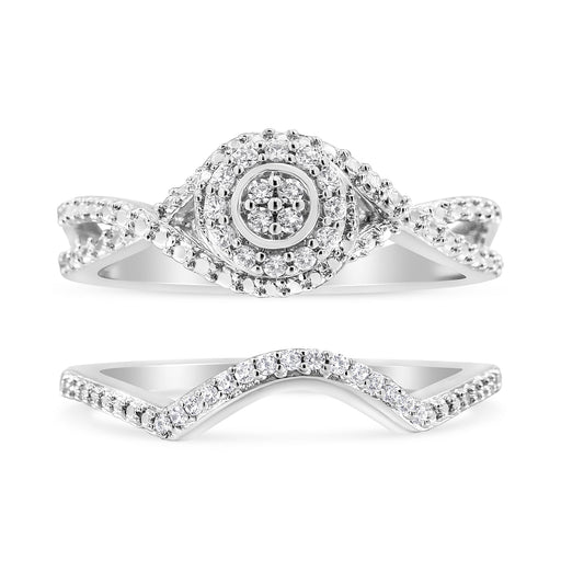 Bids.com .925 Sterling Silver 1/6 Cttw Diamond Composite Halo and Split Shank Bridal Set Ring and Band  (I-J Color, I3 Clarity) - Size 7 Rings White Smoke 7 / White.Sterling Silver,9 / White.Sterling Silver,6 / White.Sterling Silver,8 / White.Sterling Silver,5 / White.Sterling Silver,10 / White.Sterling Silver,11 / White.Sterling Silver,12 / White.Sterling Silver