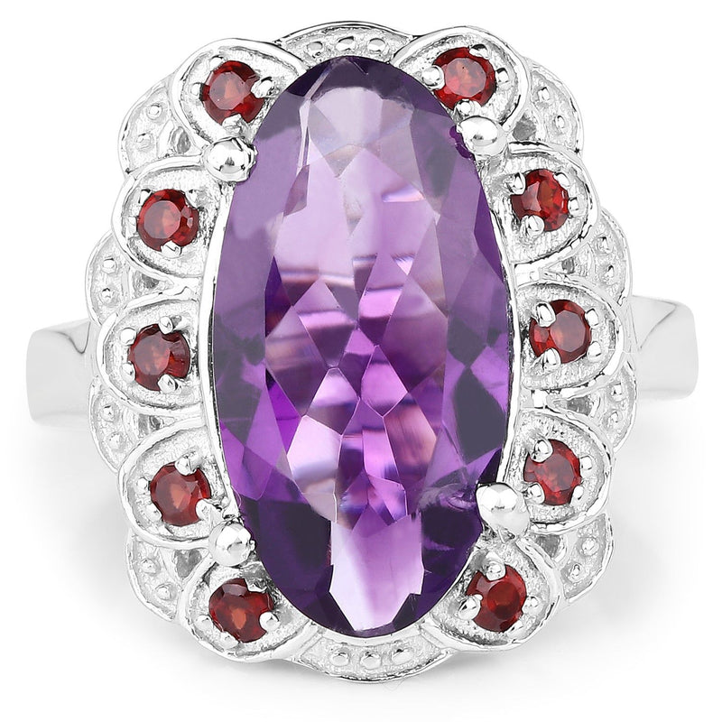Bids.com 6.40 Carat Genuine Amethyst and Garnet .925 Sterling Silver Ring Rings White Smoke size 6.00,size 7.00,size 8.00,size 9.00