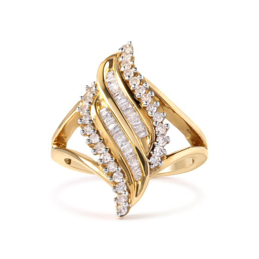 Bids.com 10K Yellow Gold 1/2 Cttw Round and Baguette Cut Diamond Cocktail Ring (H-I Color, I1-I2 Clarity) Rings White Smoke 7 / Yellow.Gold