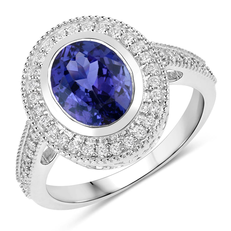 Bids.com 2.94 Carat Genuine Tanzanite and White Diamond 14K White Gold Ring Rings White Smoke size 6.00,size 7.00,size 8.00