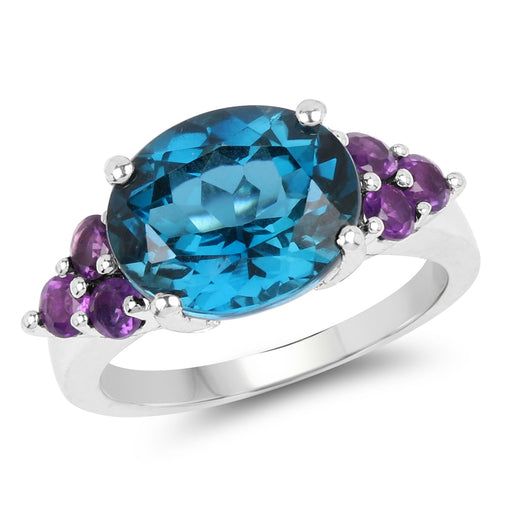Bids.com 6.60 Carat Genuine London Blue Topaz & Amethyst .925 Sterling Silver Ring Rings White Smoke size 6.00,size 7.00,size 8.00,size 9.00