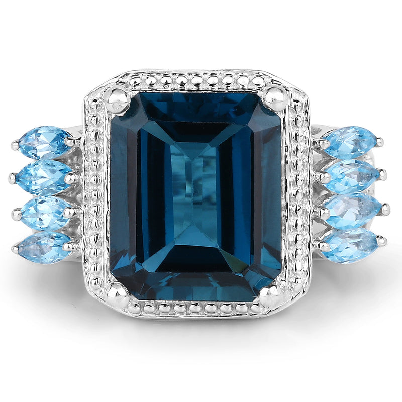 Bids.com 8.17 Carat Genuine London Blue Topaz and Swiss Blue Topaz .925 Sterling Silver Ring Rings White Smoke size 6.00,size 7.00,size 8.00,size 9.00,size 5.00