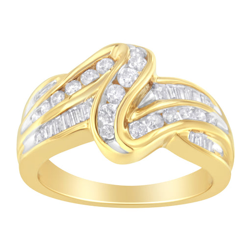 Bids.com 10K Yellow Gold 3/4 Cttw Channel Set Round and Baguette-cut Diamond Double Shank Bypass Ring (J-K Color, I1-I2 Clarity) - Size 6.75 Rings White Smoke 7 / Yellow.Gold,7.25 / Yellow.Gold,6.75 / Yellow.Gold