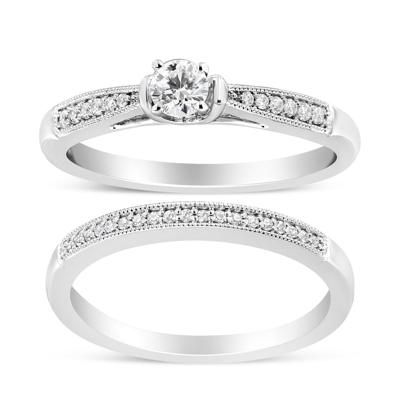 Bids.com .925 Sterling Silver 1/3 Cttw Diamond Classic Engagement Ring Bridal Set with Milgrain (I-J Color, I3 Clarity) - Ring Size 7 Rings White Smoke 7 / White.Sterling Silver,6 / White.Sterling Silver,5 / White.Sterling Silver,10 / White.Sterling Silver,8 / White.Sterling Silver,9 / White.Sterling Silver
